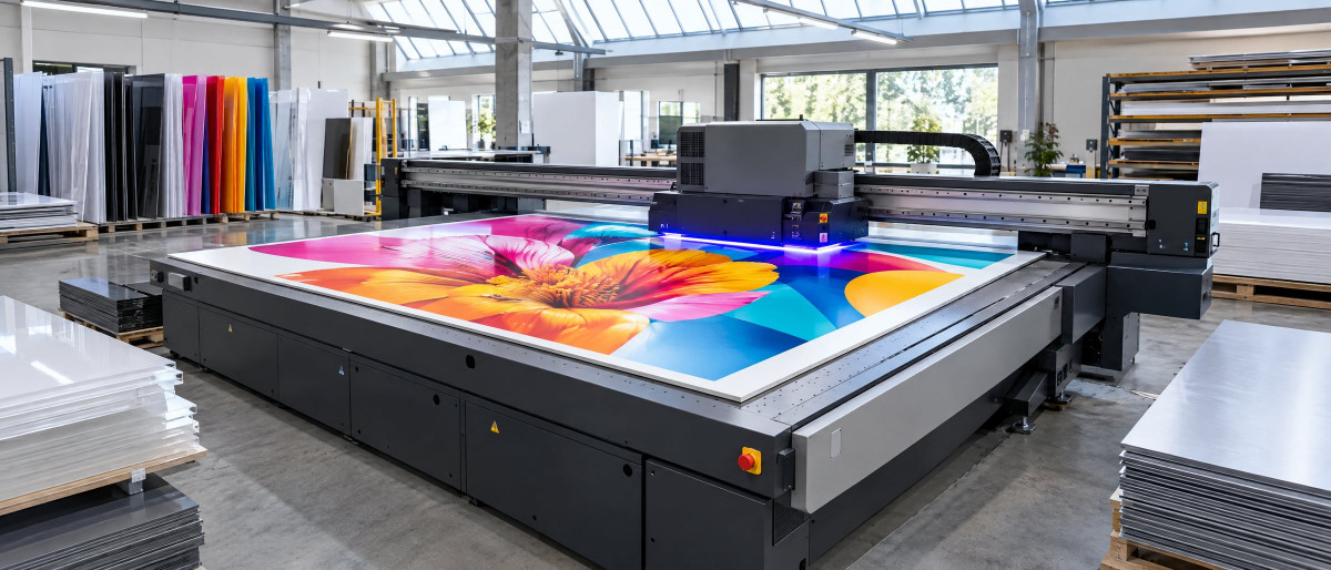 KI-generierte Darstellung: Großformatiger UV-Flachbettdrucker bedruckt eine weiße Platte in einer Werkhalle