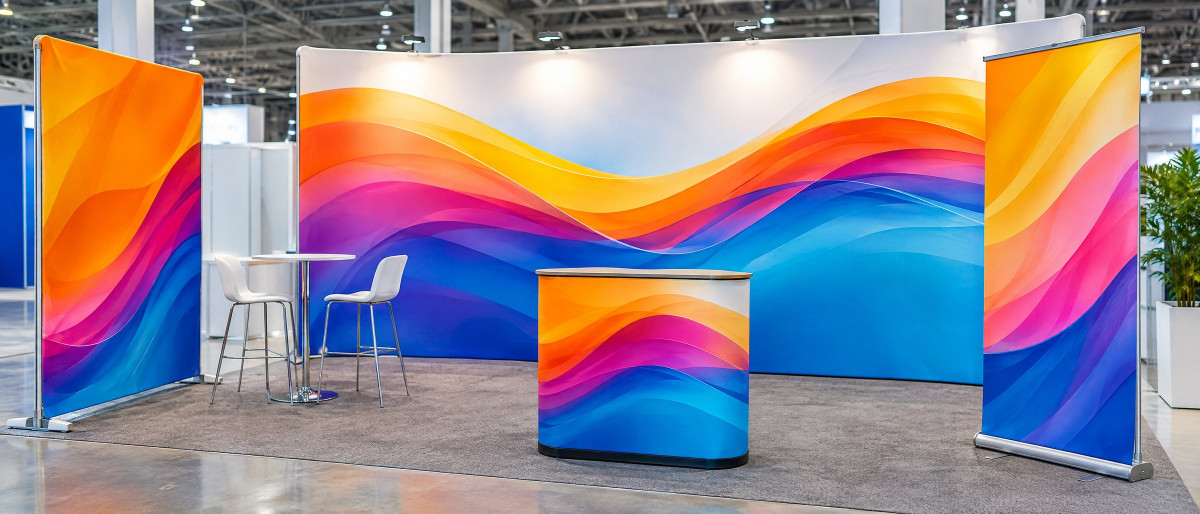 KI-generierte Darstellung: Messestand mit großformatig bedruckter Rückwand und Stoffrahmen-Displays
