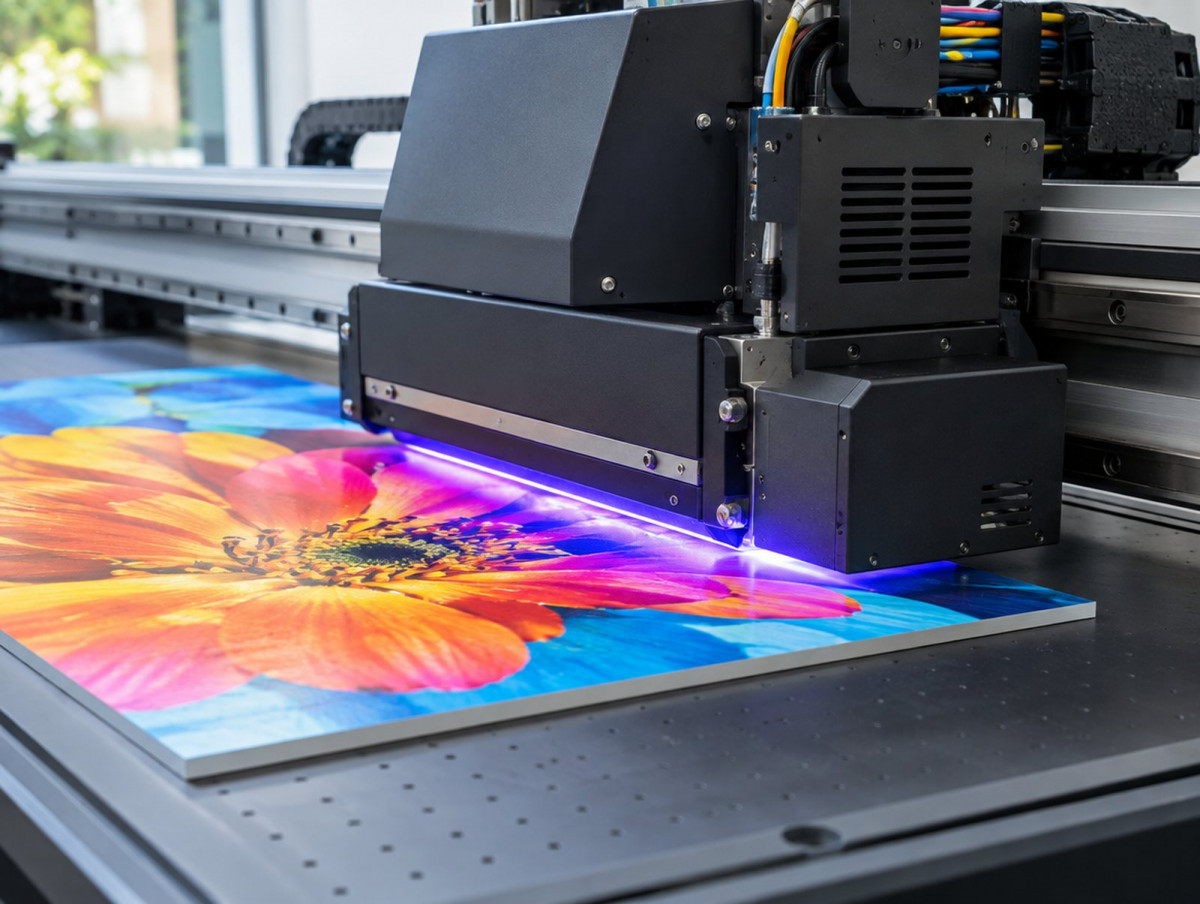 KI-generierte Darstellung: Druckkopf eines UV-Flachbettdruckers über einer Platte