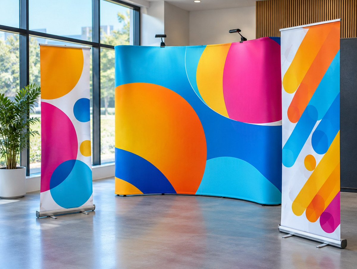 KI-generierte Darstellung: Roll-ups und Stoff-Displays in einem Ausstellungsraum