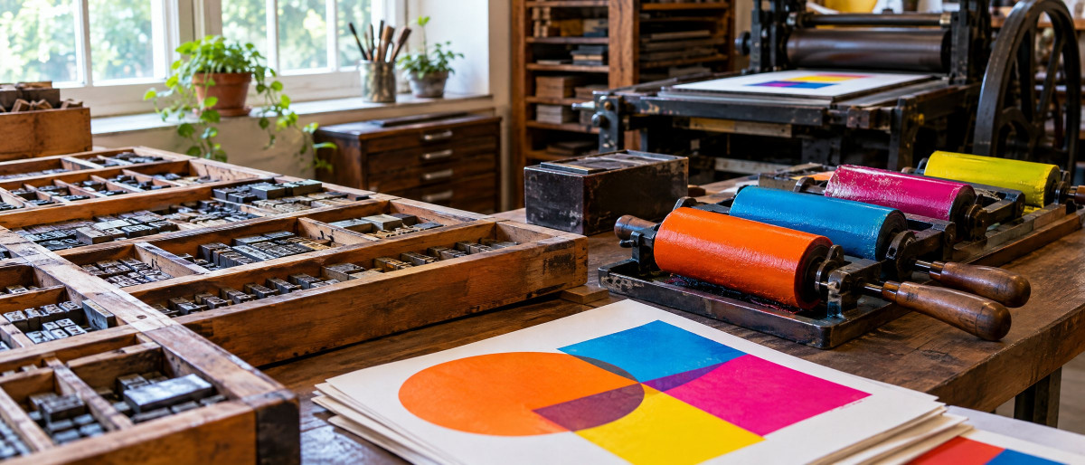 KI-generierte Darstellung: Setzkästen mit Bleilettern und eine Handpresse in der Druckmanufaktur