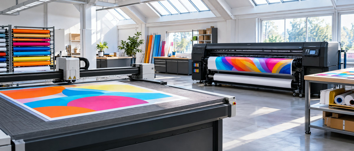 KI-generierte Darstellung: Aufgeräumte Produktionshalle mit Großformatdrucker und Schneidetisch am Morgen