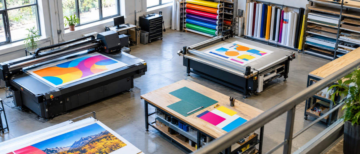 KI-generierte Darstellung: Blick von der Galerie in die Werkstatt mit Drucker, Schneidetisch und Materiallager
