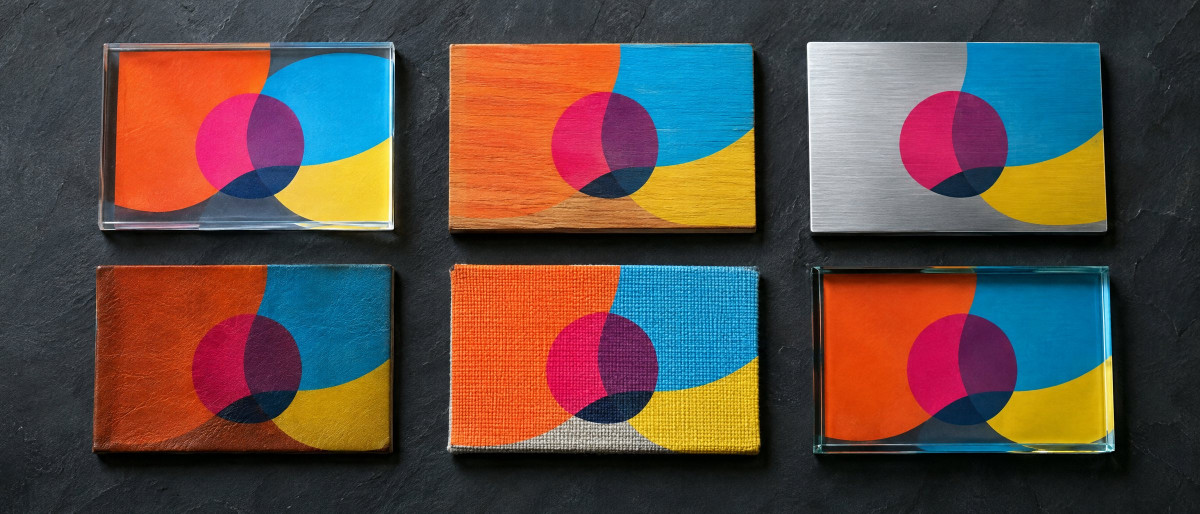KI-generierte Darstellung: Materialmuster aus Acryl, Holz, Aluminium, Leder, Stoff und Glas mit gleichem Druckmotiv